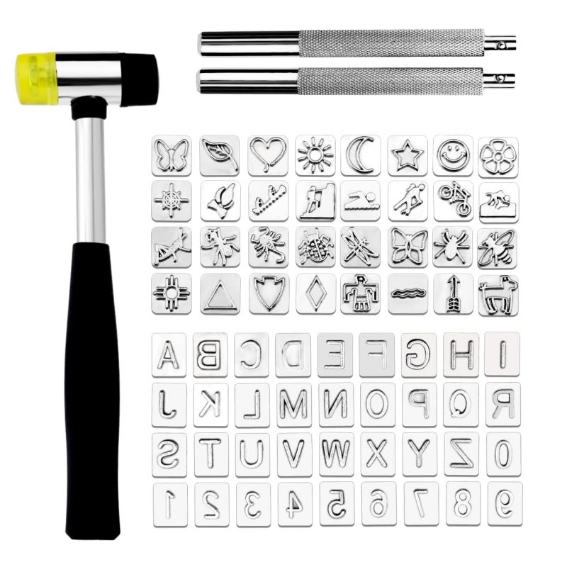Houlibify Leather Stamping Tools with Rubber Hammer  71 PCS Leather Different Shape Saddle Making Stamp Punch Set Leather Carving Tools Leather Stamps Leather Punch Tools (71PC) - Image 1